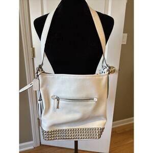 Coach Legacy Bucket Duffle Pyramid Studded White Leather 26413 outside zip pkt